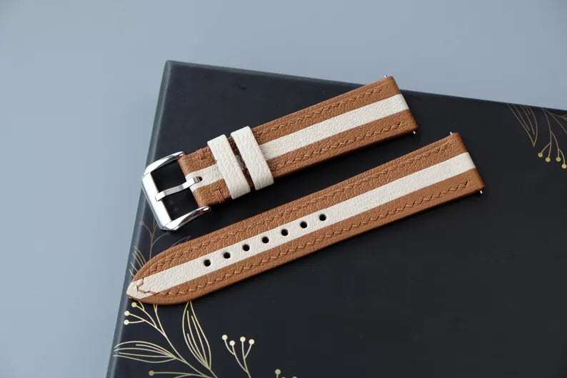 Two-Tone Leather Watch Strap: Golden Tan & Cream Chevre Sully, Custom Size - HCH-018