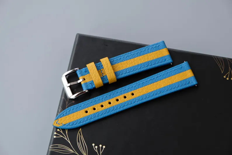 Two-Tone Leather Watch Strap: Light Blue & Yellow Chevre Sully, Custom Size - HCH-019