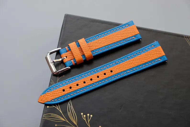 Blue & Orange Epsom Leather Watch Strap - HCH-011