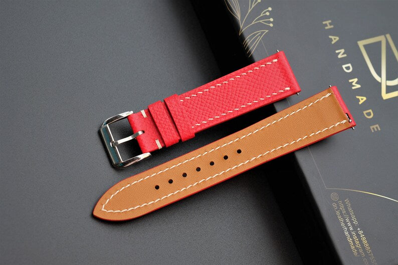 Red Epsom Leather Watch Strap: Handmade Custom Band - HCH-012