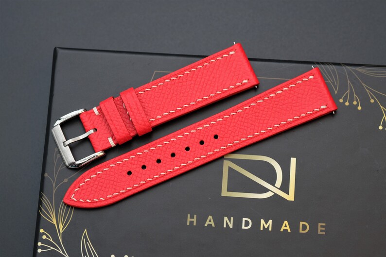 Red Epsom Leather Watch Strap: Handmade Custom Band - HCH-012