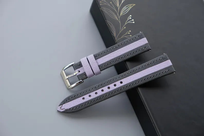 Two-Tone Leather Watch Strap: Gray & Lavender Chevre Sully, Handmade - HCH-017