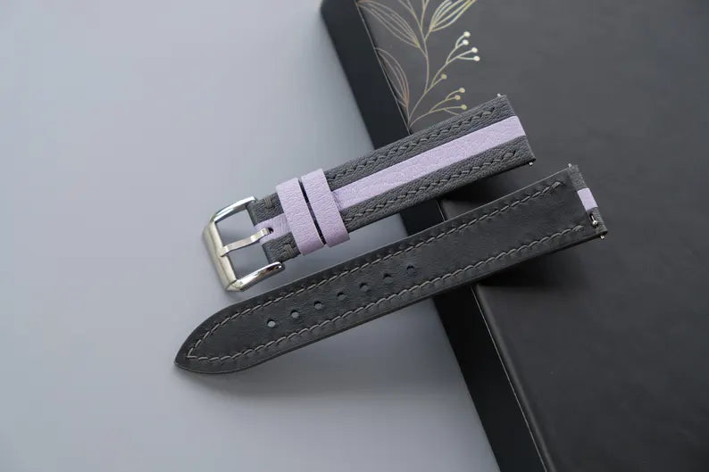 Two-Tone Leather Watch Strap: Gray & Lavender Chevre Sully, Handmade - HCH-017