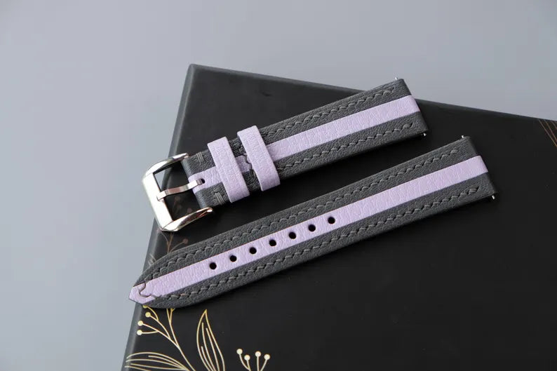 Two-Tone Leather Watch Strap: Gray & Lavender Chevre Sully, Handmade - HCH-017