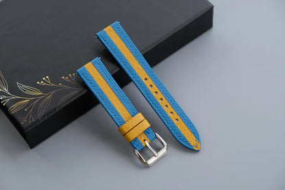 Two-Tone Leather Watch Strap: Light Blue & Yellow Chevre Sully, Custom Size - HCH-019