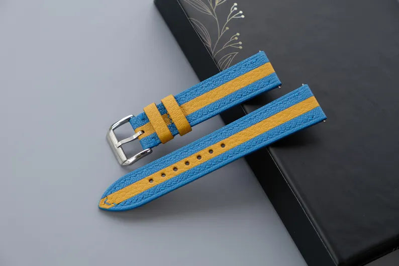 Two-Tone Leather Watch Strap: Light Blue & Yellow Chevre Sully, Custom Size - HCH-019