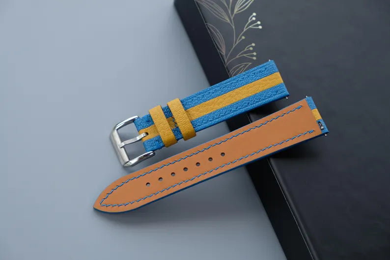 Two-Tone Leather Watch Strap: Light Blue & Yellow Chevre Sully, Custom Size - HCH-019