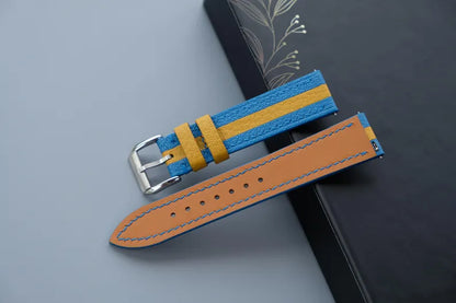 Two-Tone Leather Watch Strap: Light Blue & Yellow Chevre Sully, Custom Size - HCH-019